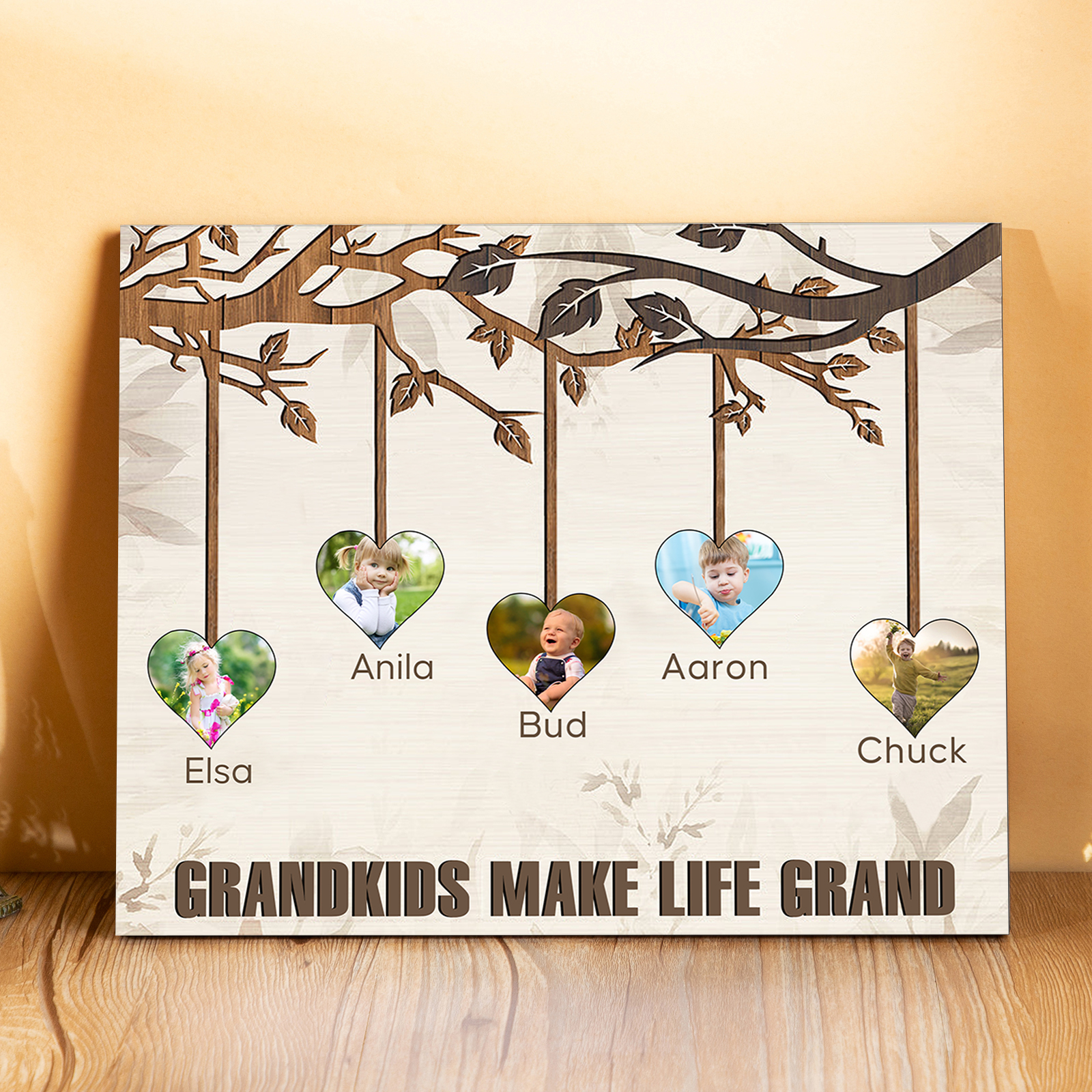 Familie Holzbild - Personalisierter Text & 5 Fotos Familienbaum Holzdekoration-Geschenk für Opa/Oma