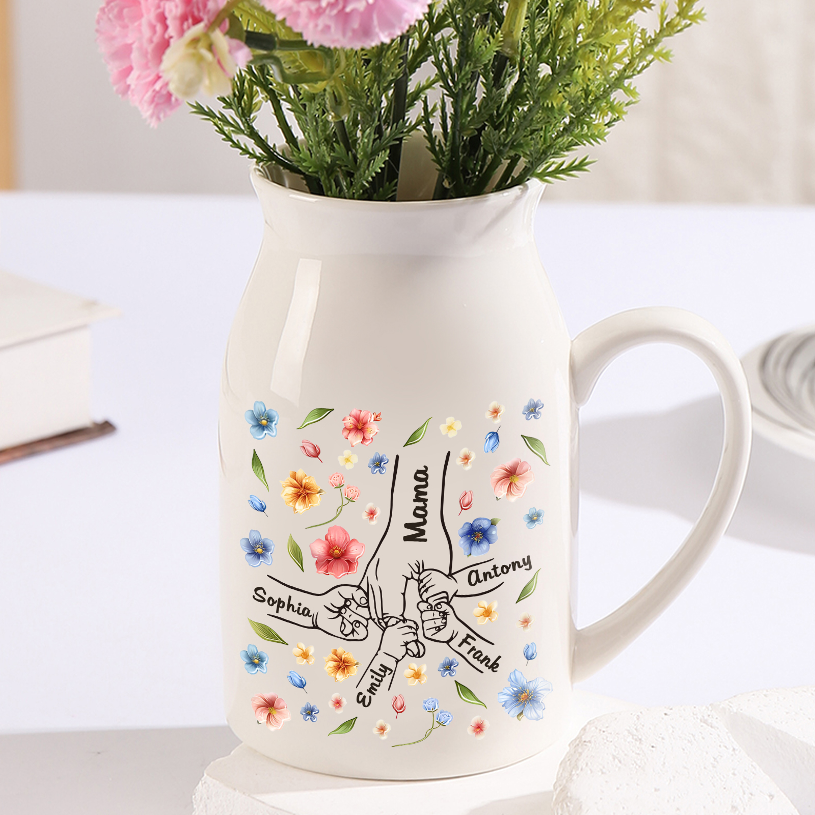 Personalisierte 5 Namen Bunte Blumen Hand in Hand Familie Vase