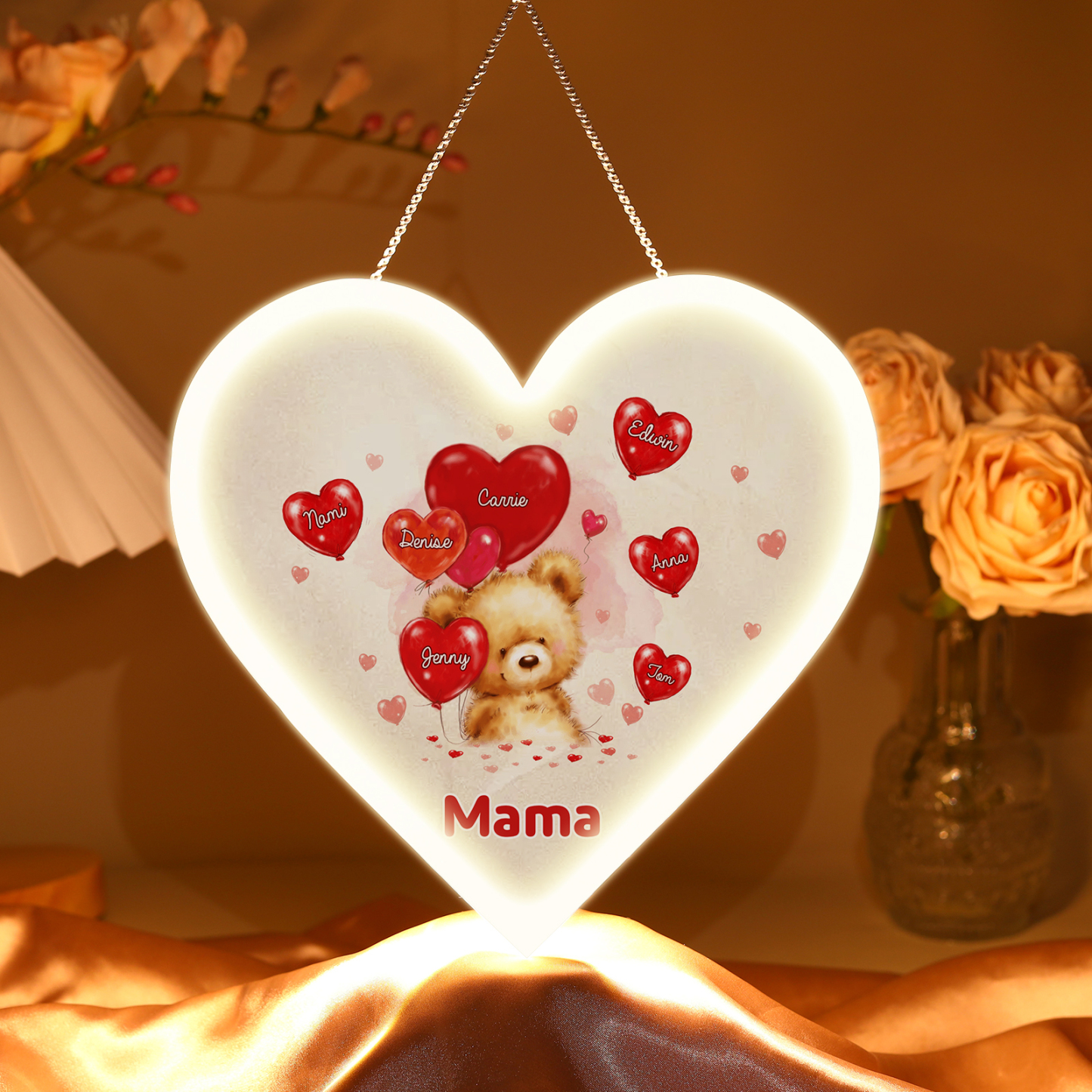 Personalisierte 7 Namen & Text Teddybär mit Ballonherz Herz Ornament Licht Acryl Hängender Geschenk für Mutter