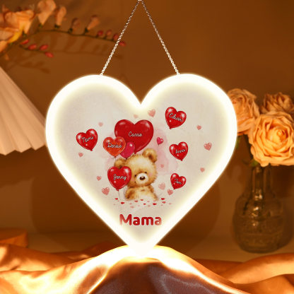 Personalisierte 7 Namen & Text Teddybär mit Ballonherz Herz Ornament Licht Acryl Hängender Geschenk für Mutter