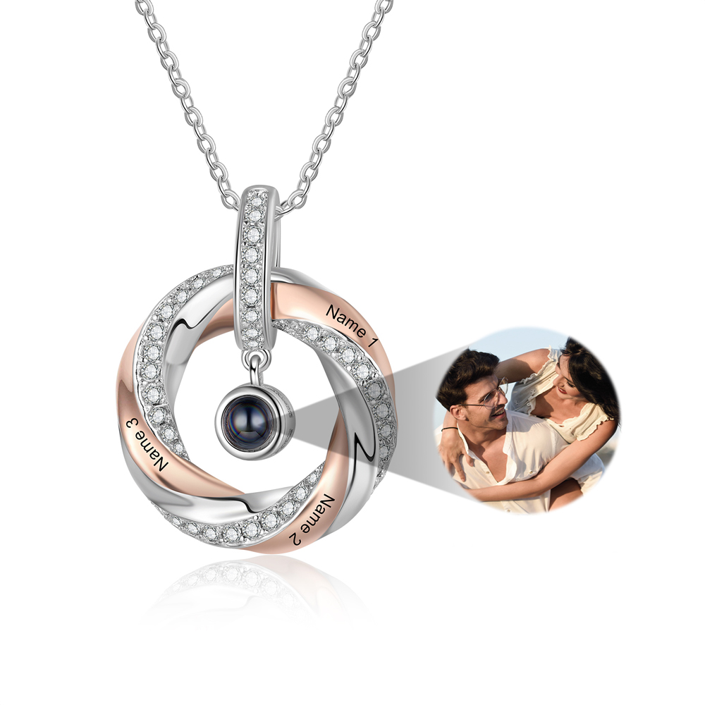 Personalisiertes Foto & 3 Namen Rund Projektion Roségold Halskette