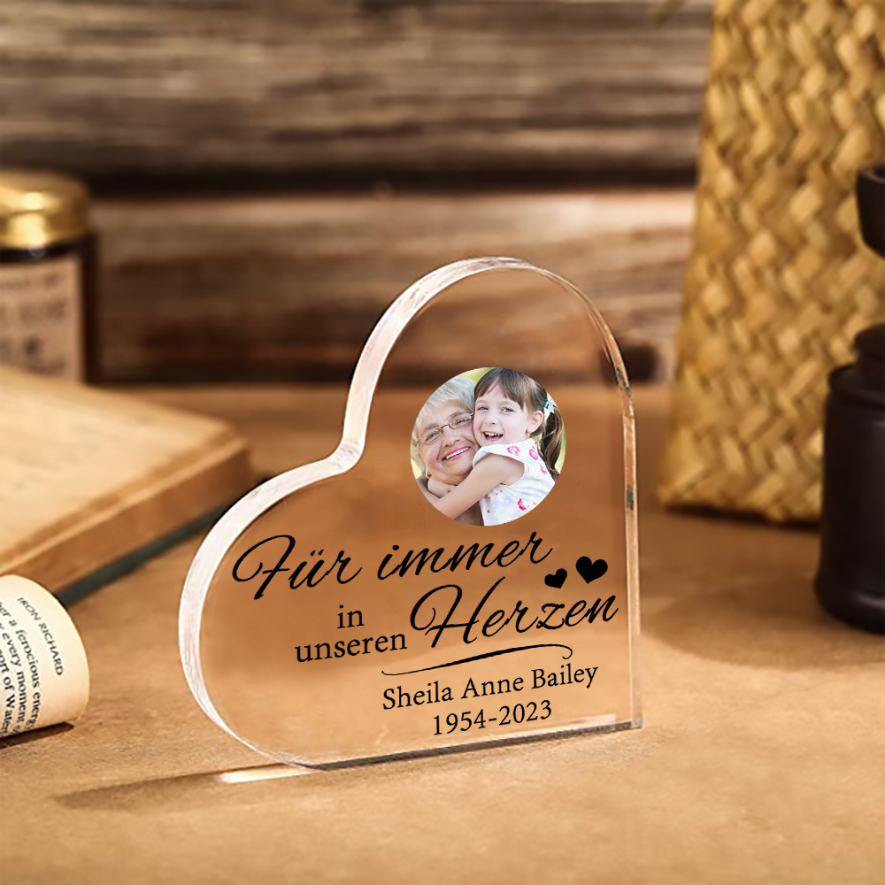 Personalisierter Text & Foto Acryl-Deko-Für immer in unseren Herzen-Trauer Schreibtischdekoration
