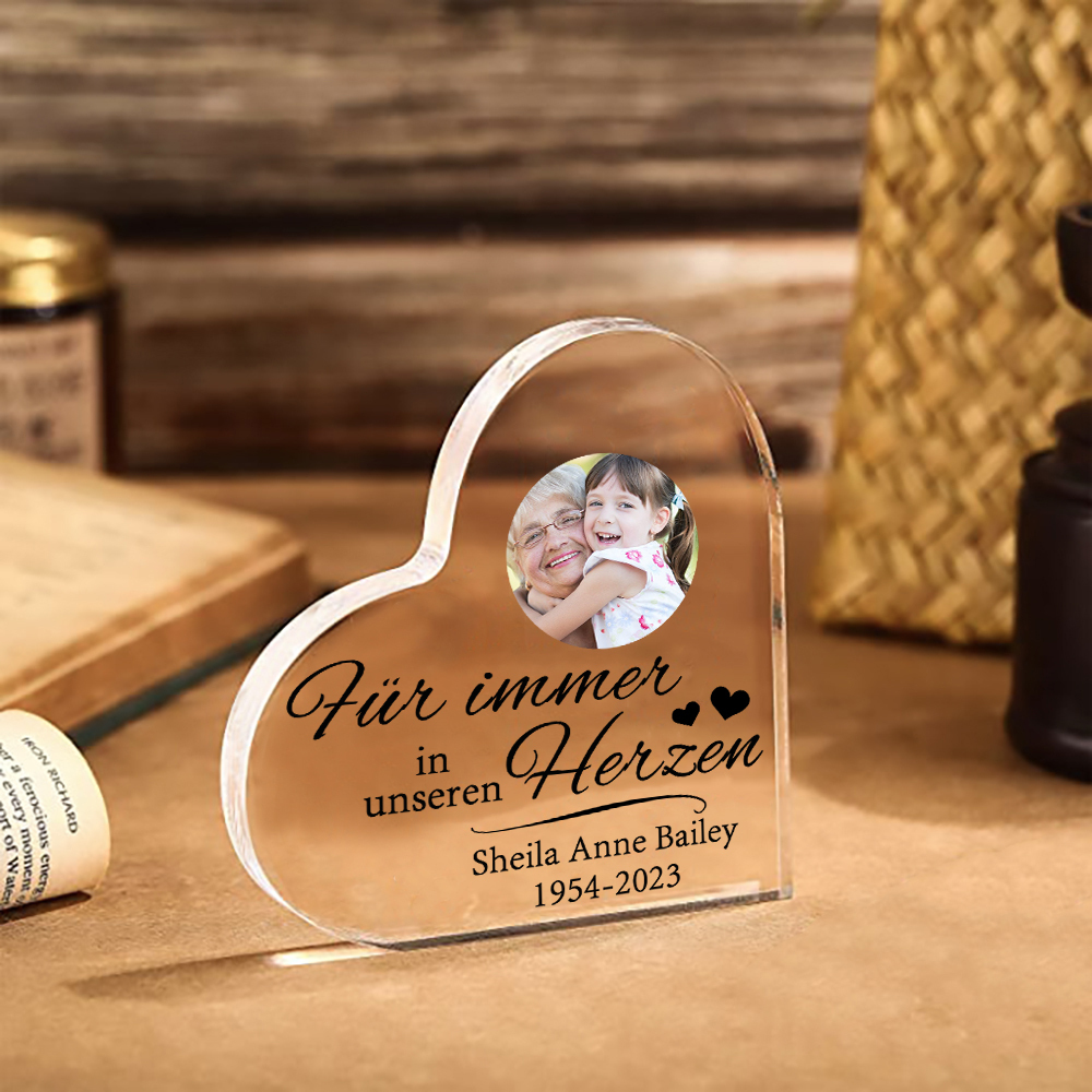 Personalisierter Text & Foto Acryl-Deko-Für immer in unseren Herzen-Trauer Schreibtischdekoration