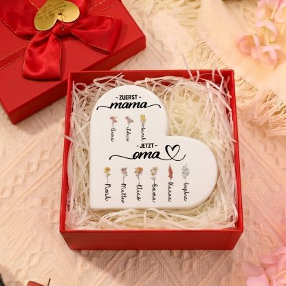 Personalisierte Keramik Herzvase mit 2–12 Geburtsmonat Blumen und Wunschname