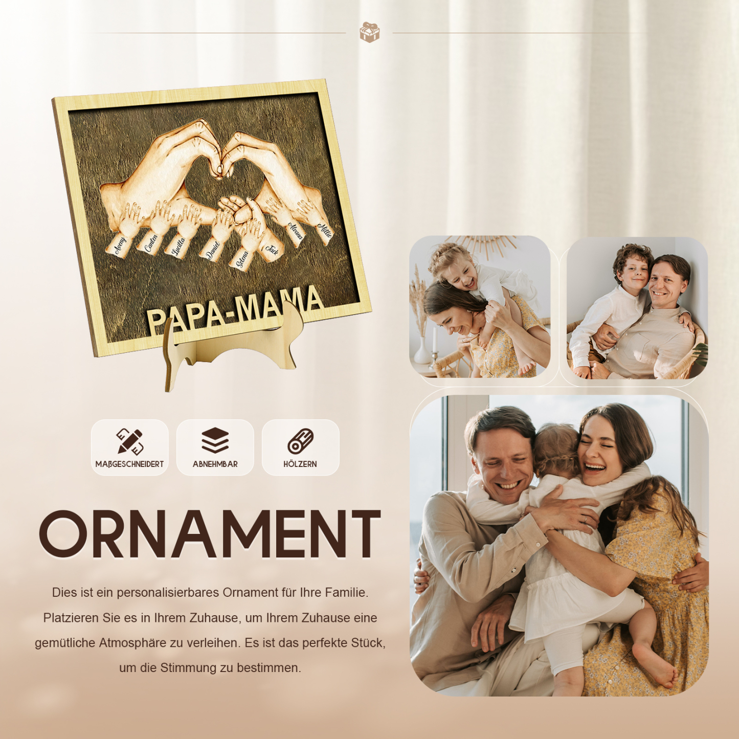 PAPA-MAMA Holz Deko-Personalisierbare 8 Namen Ornament Familie Hand in Hand Holzdekoration für Eltern