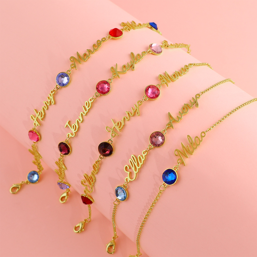Personalisierte 5 Namen Armband mit 5 Geburtssteinen