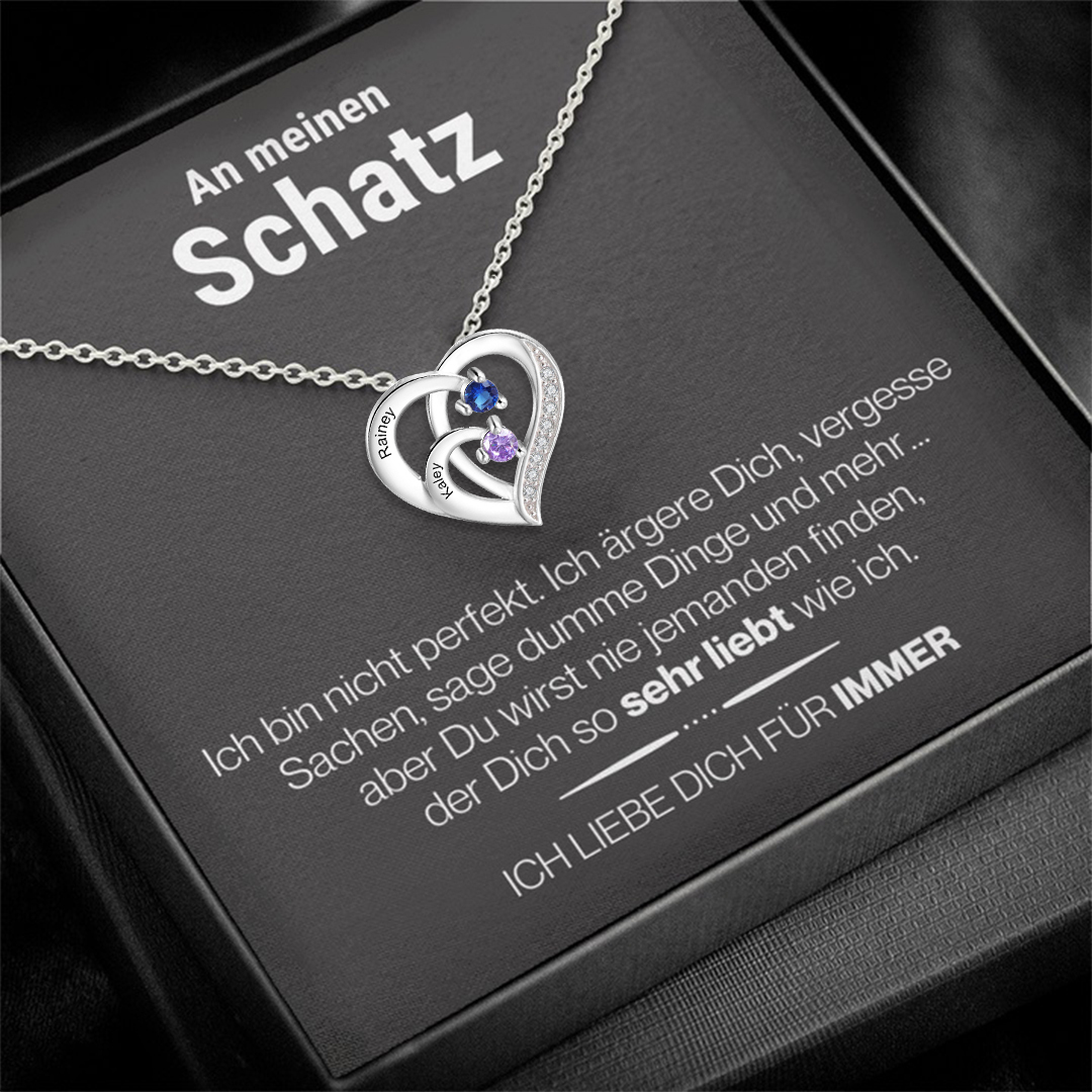 925 Sterling Silber Personalisierte 2 Namen Herz Halskette mit 2 Geburtssteinen-An meinen Schatz-Geschenk mit Nachrichtenkarte