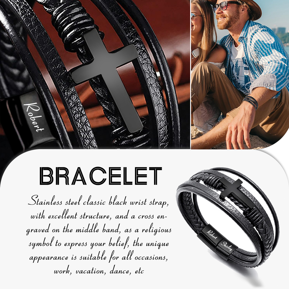 Herren Armband-Personalisiertes 2 Namen Leder Kreuz Kommunion Armband 