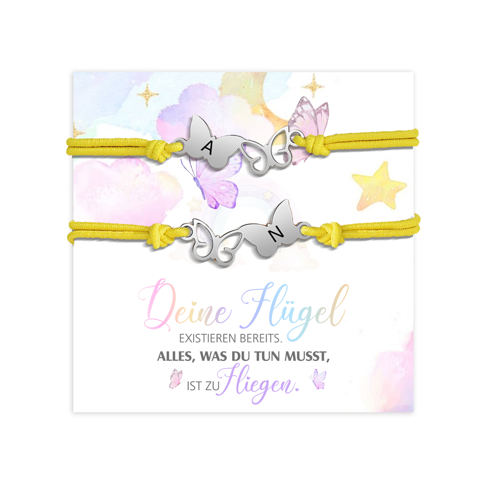 Personalisierte 2 Buchstaben Schmetterling Armbänder Set mit 2 Ketten Gummiband - Schulanfang Geschenk mit Karte