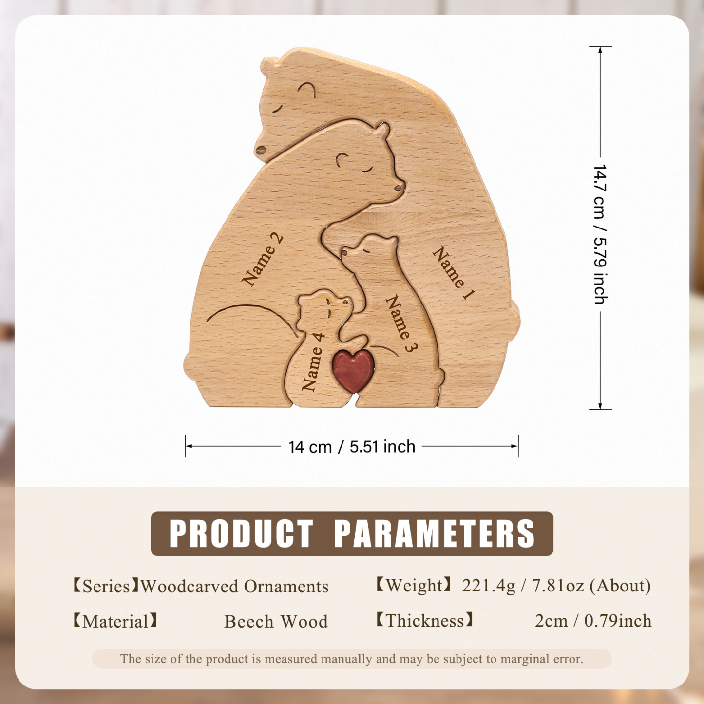 Holzskulptur-Personalisierte 4 Namen Bär Umarmung Familie Holz Deko