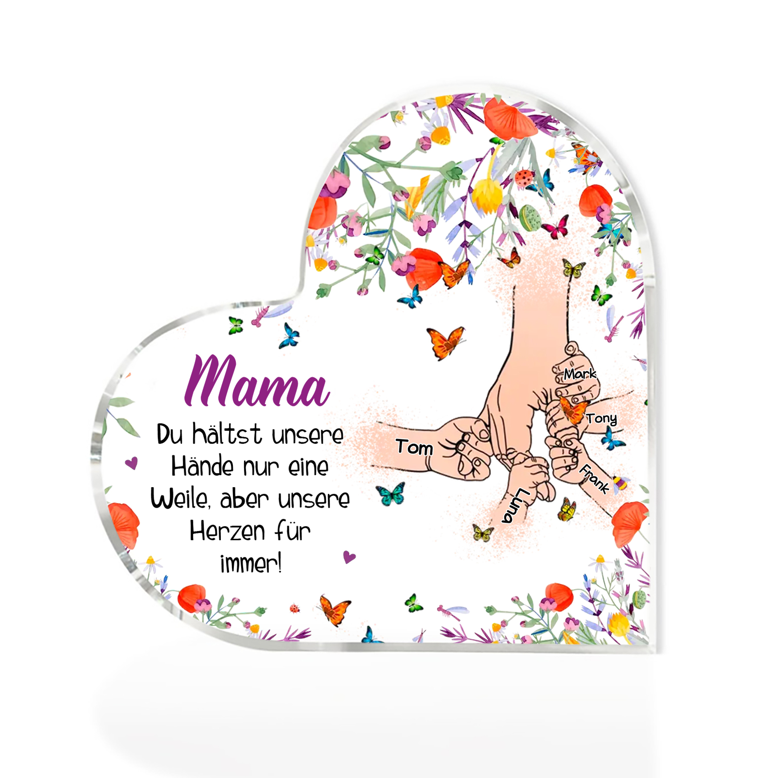 Personalisierte 5 Namen Herz Acryl-Deko -Mama Du hältst mein Hand nur eine Weile, aber unsere Herzen für immer- Schreibtischdekoration für Mutter