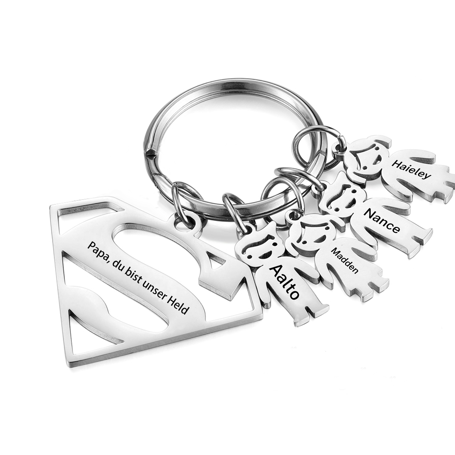Personalisierbare 4 Namen & 1 Text Supermann Kindercharm Schlüsselanhänger-Geschenk für Vater