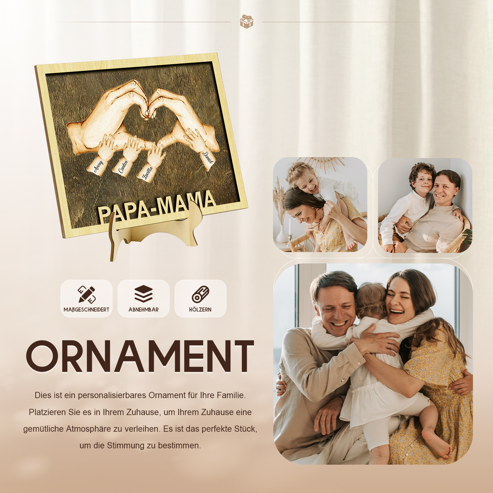 PAPA-MAMA Holz Deko-Personalisierbare 4 Namen Ornament Familie Hand in Hand Holzdekoration für Eltern