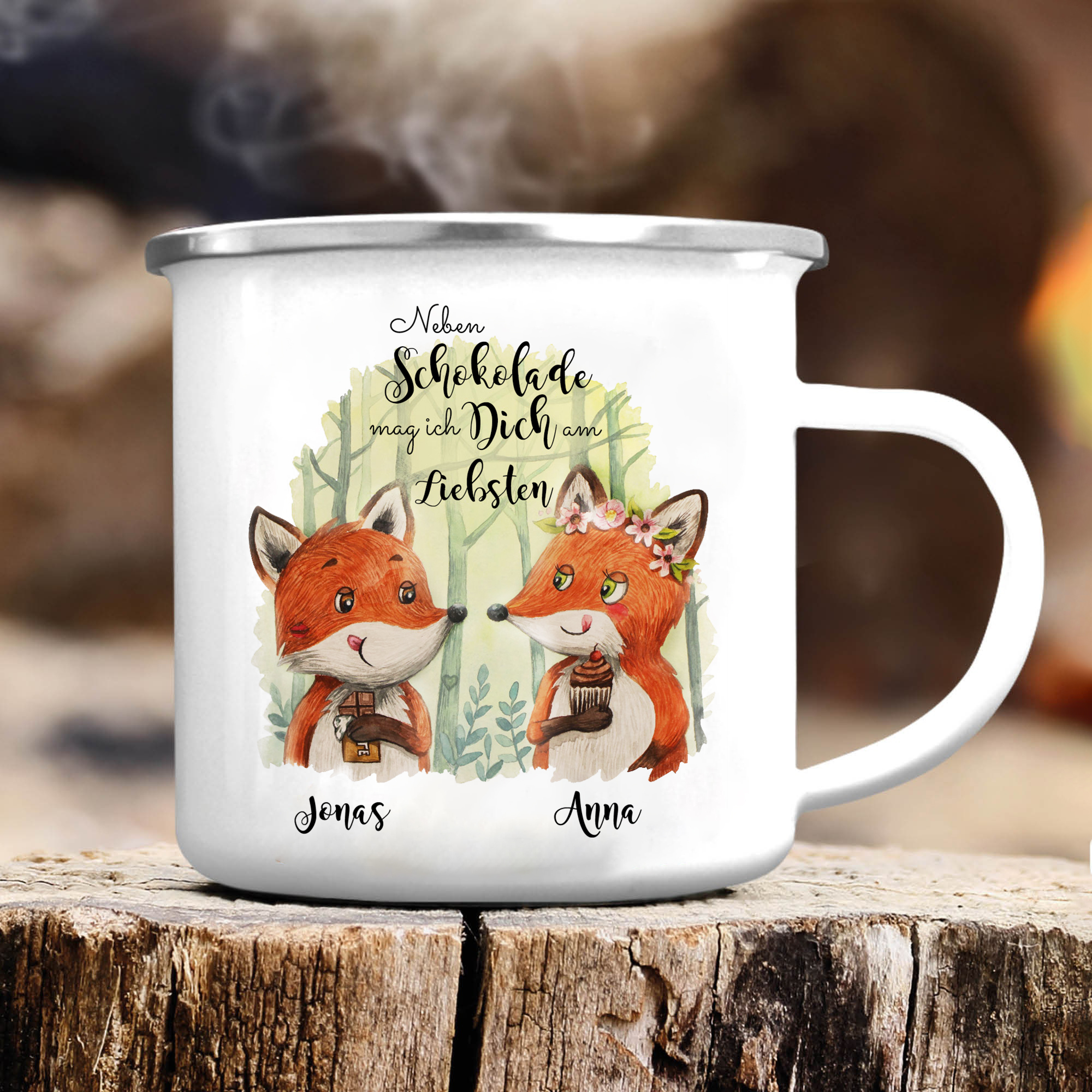 Emaille Tasse-Personalisierte 2 Namen Emaille Becher-Neben Schokolade mag ich dich am Liebsten-für Paare