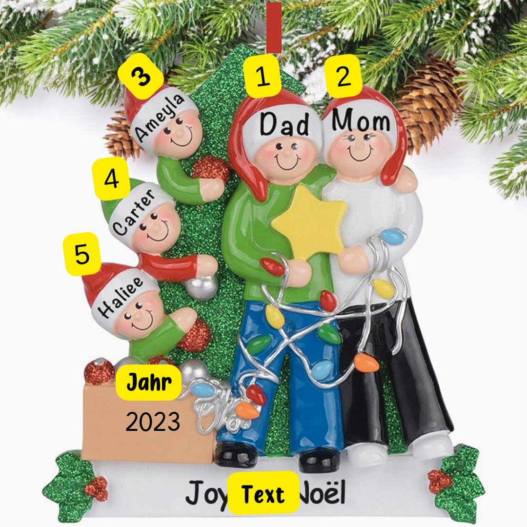 Holz Personalisiertes 5 Namen & Text  & Jahr Weihnachtsornament Weihnachtsbaum Anhänger mit 5 Familienmitgliedern