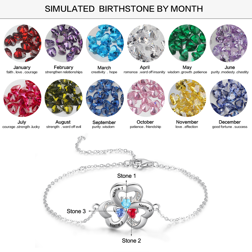 925 Sterling Silber Herzförmiges Armband mit 3Namen und 3 Geburtssteinen