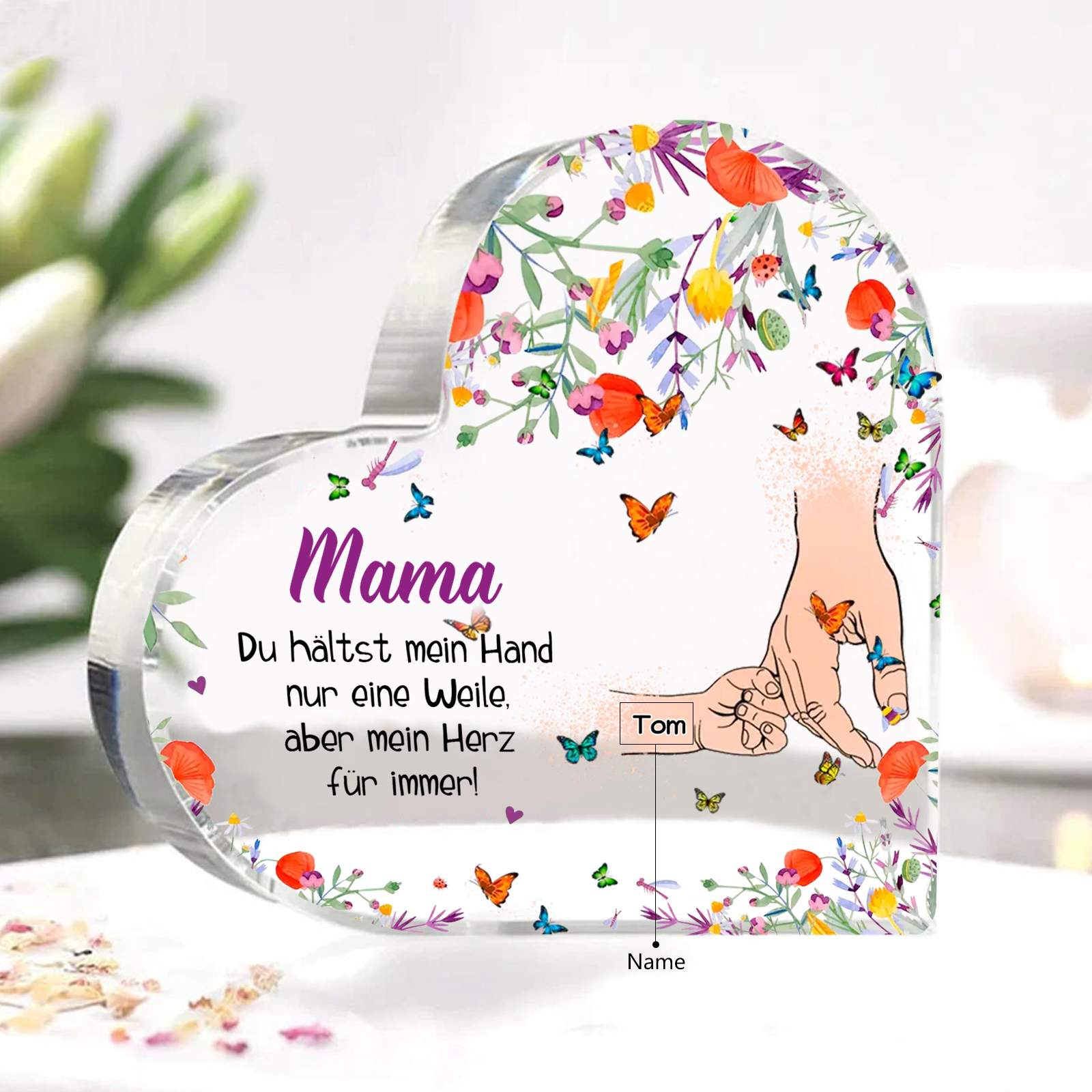 Personalisierter 1 Name Herz Acryl-Deko -Mama Du hältst mein Hand nur eine Weile, aber mein Herz für immer- Schreibtischdekoration für Mutter