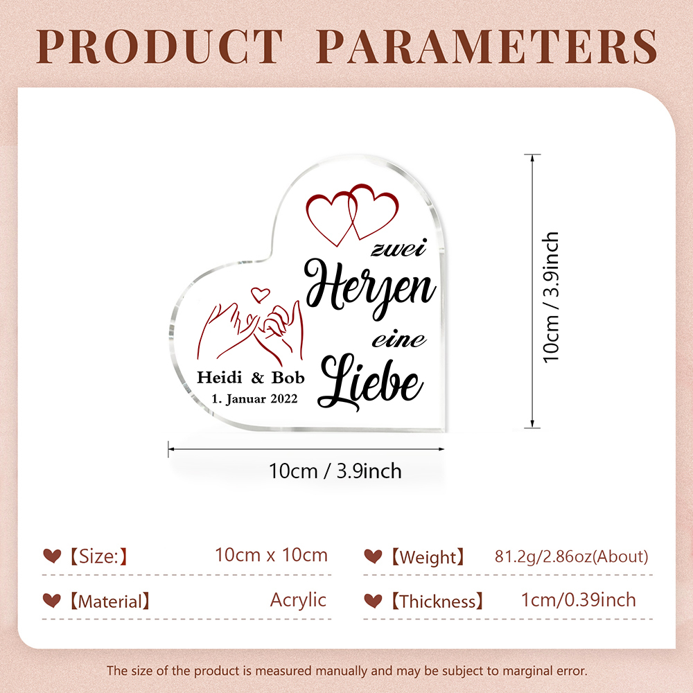 Personalisierte Text & Datum Acryl-Deko-Zwei Herzen eine Liebe-Schreibtischdekoration für Paar