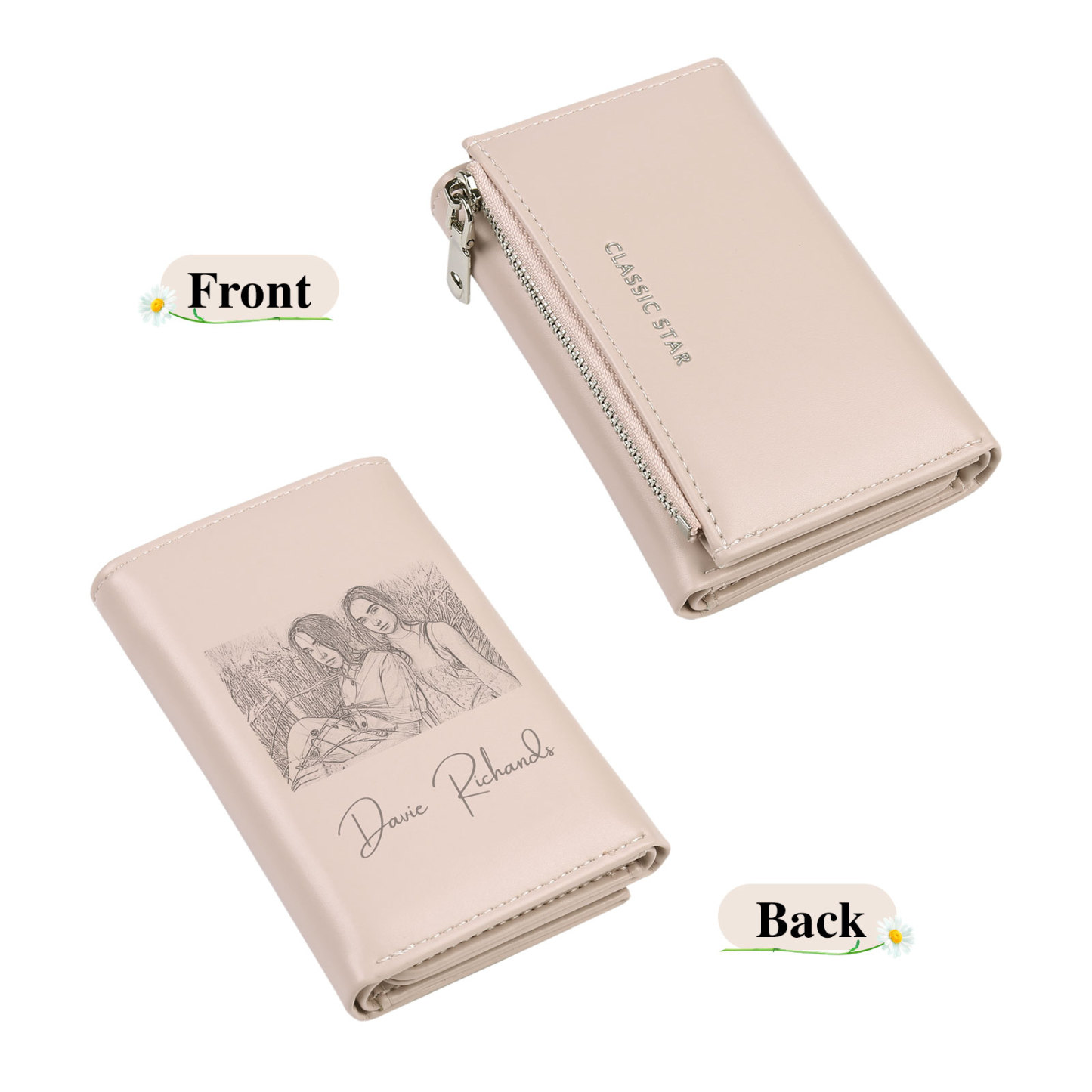 Damen Personalisierter Text & Foto PU Leder Geldbörse Mehrere Mezzanine Portemonnaie mit Reißverschluss