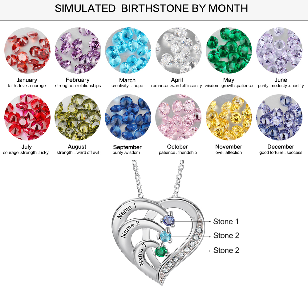 925 Sterling Silber Personalisierte 3 Namen Herz Halskette mit 3 Geburtssteinen