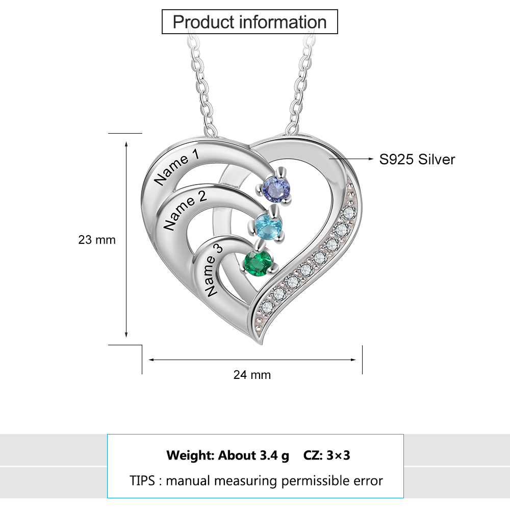 925 Sterling Silber Personalisierte 3 Namen Herz Halskette mit 3 Geburtssteinen