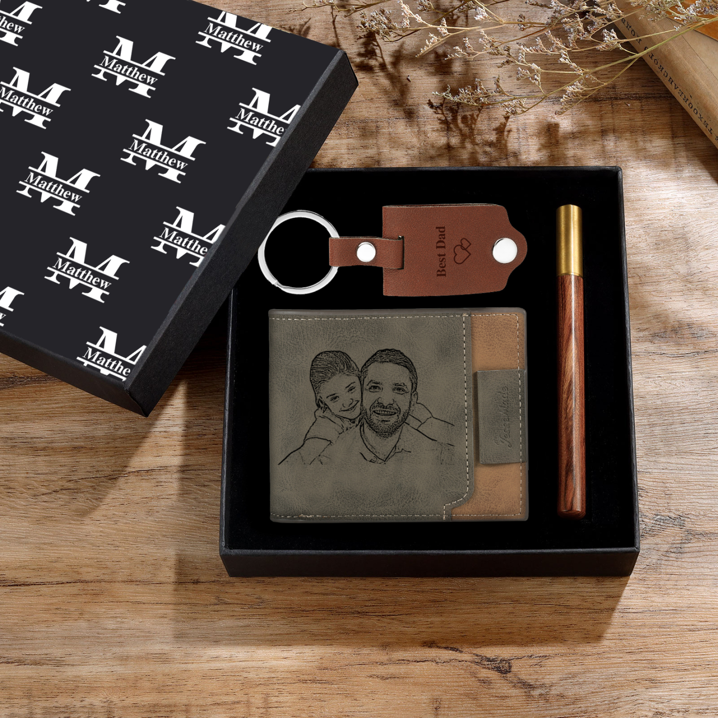 Personalisierte 2 Texte & 2 Fotos & 2 Namen & 2 Buchstaben Geldbörse & Schlüsselanhänger & Stift Geschenkpackung Geschenkset