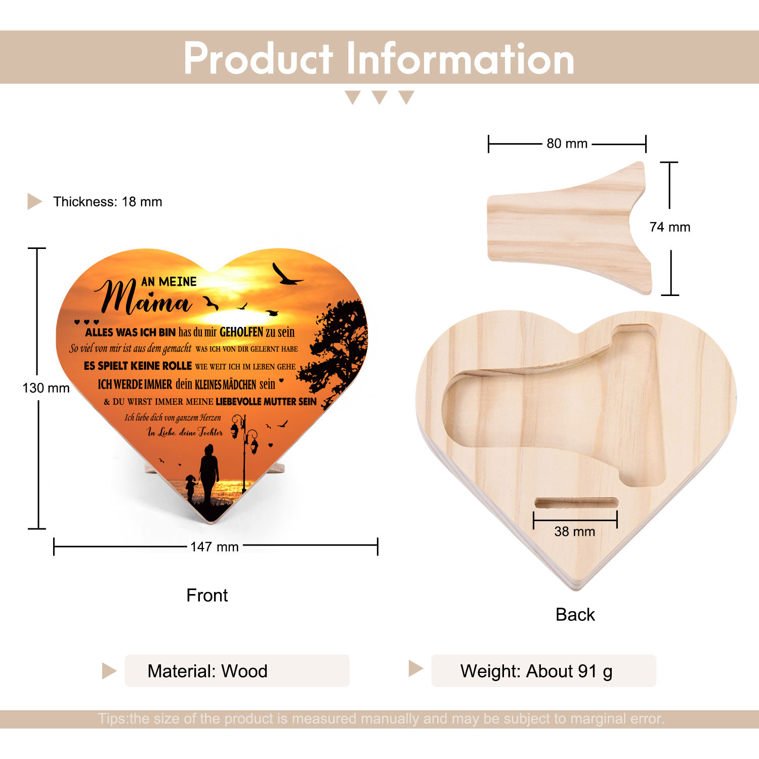 Holz Herzornament Geschenk zum Muttertag-An meine Mutter Ich liebe dich von  ganzem Herzen-Schreibtischdekoration – Kettenmachen, image size:1500x1500