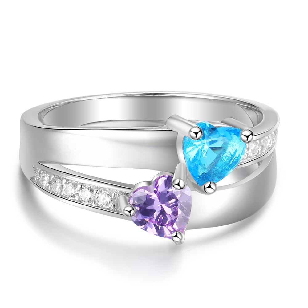 925 Sterling Silber Ring mit 2 Namen und 2 Geburtssteinen mit Gravuren
