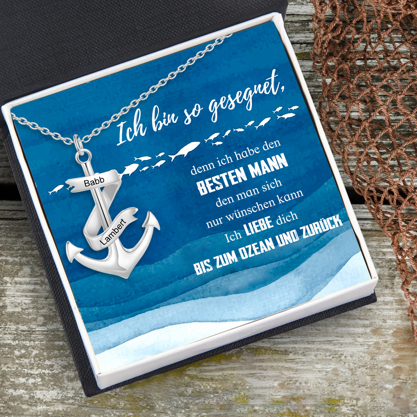 925 Sterling Silber Personalisierte 2 Namen Anker Halskette-Geschenk mit Meer Nachrichtenkarte