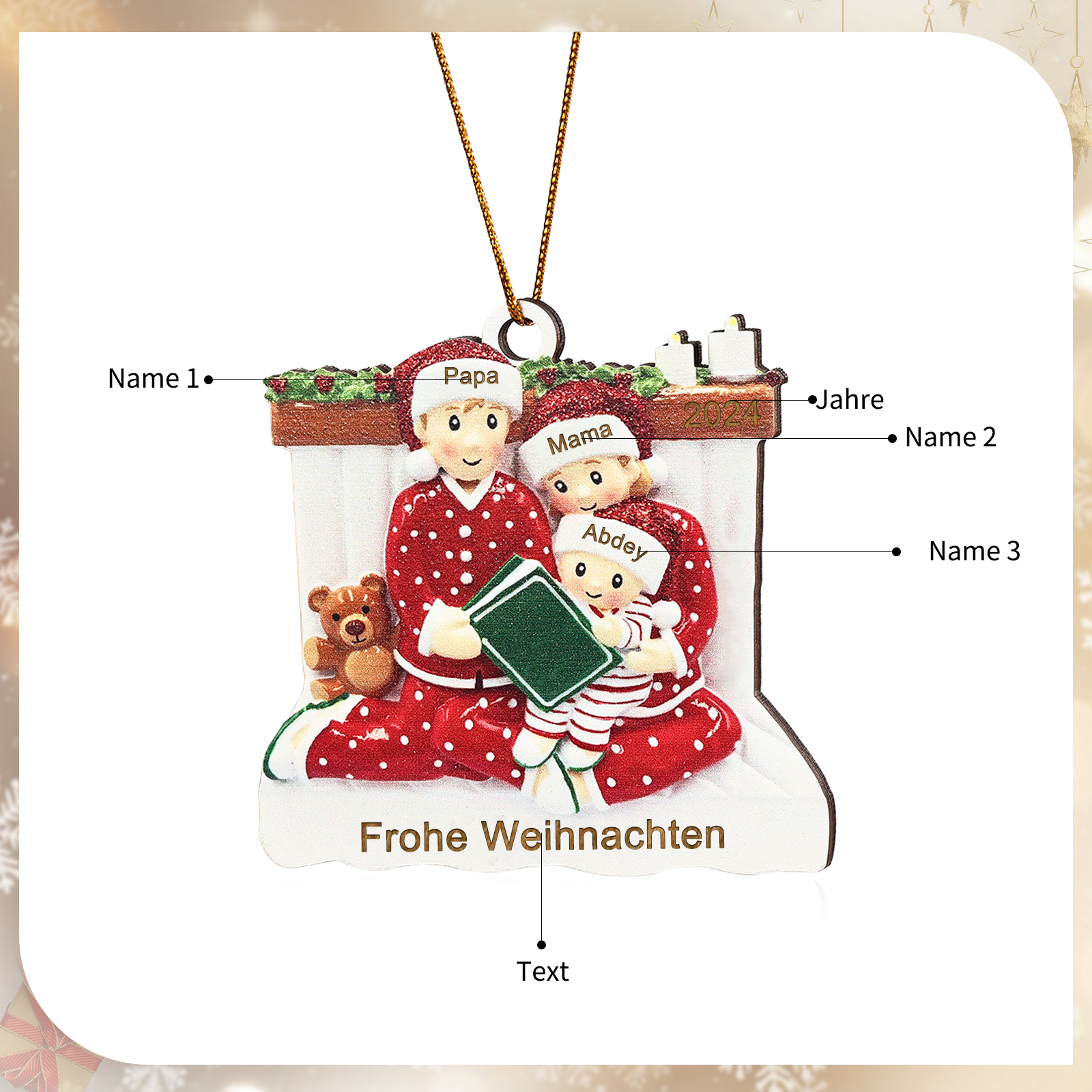 Holz Personalisierter 3-6 Namen & Text & Jahr Weihnachtsornament – Familie beim Vorlesen Weihnachtsdekoration für den Baum