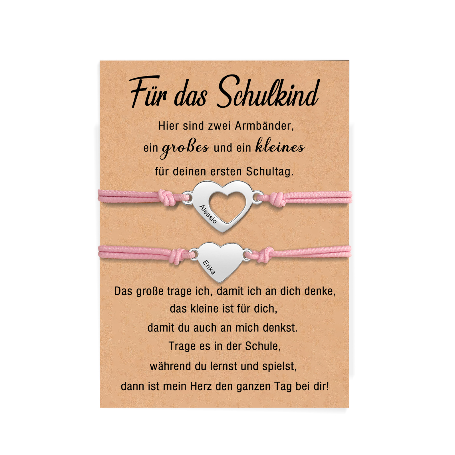 Personalisierte 2 Namen Herz Armbänder Set mit 2 Ketten Gummiband -Für das Schulkind- Schulanfang Geschenk