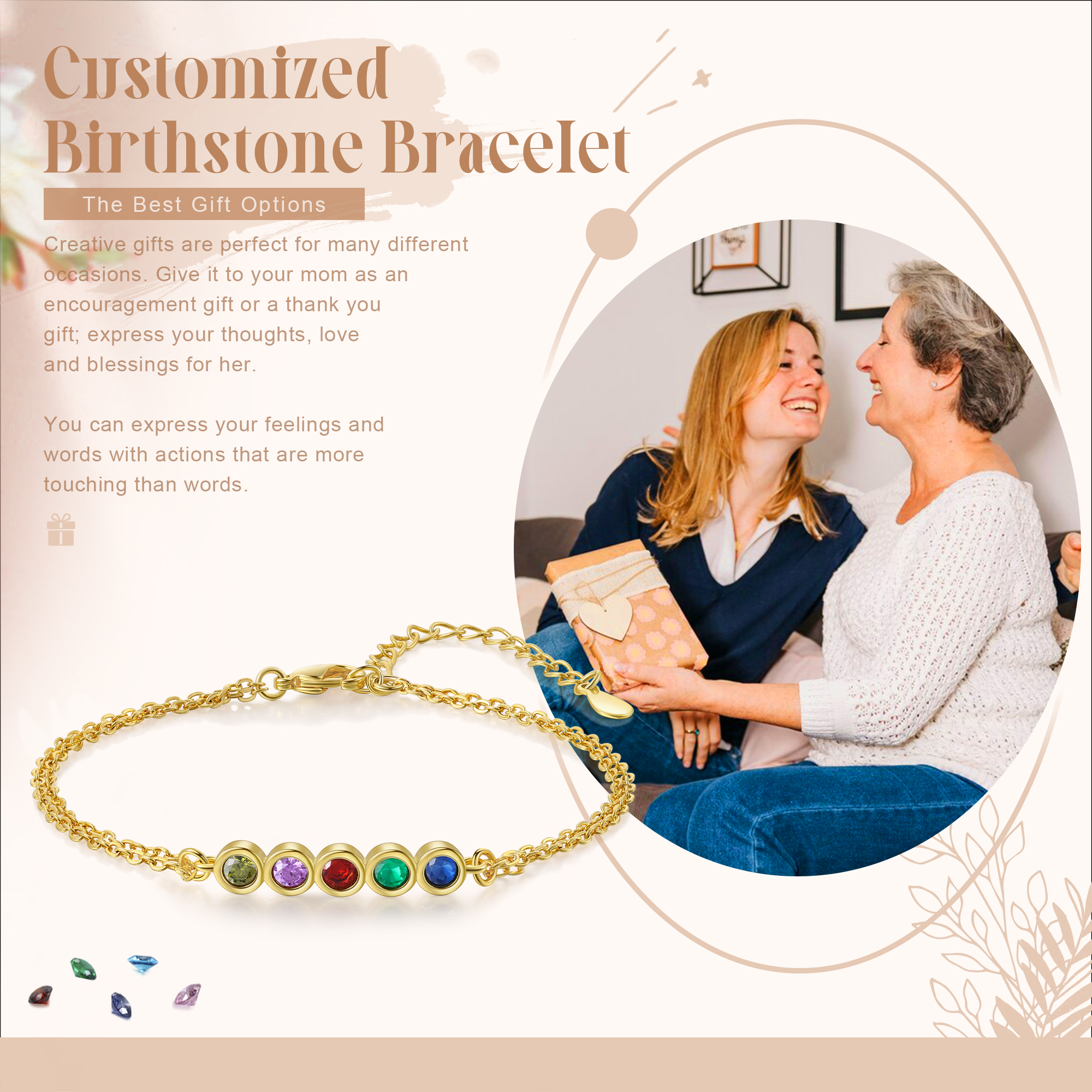 Personalisierte 5 Geburtssteine Golden Feines Armband