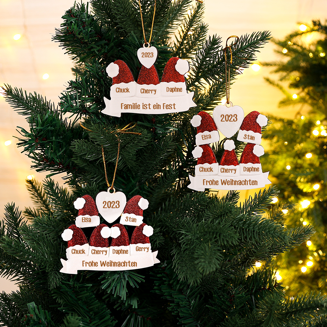 Holz Personalisierte 4 Namen & Text & Jahr Weihnachtsmütze Weihnachtsornament Weihnachtsbaum Anhänger