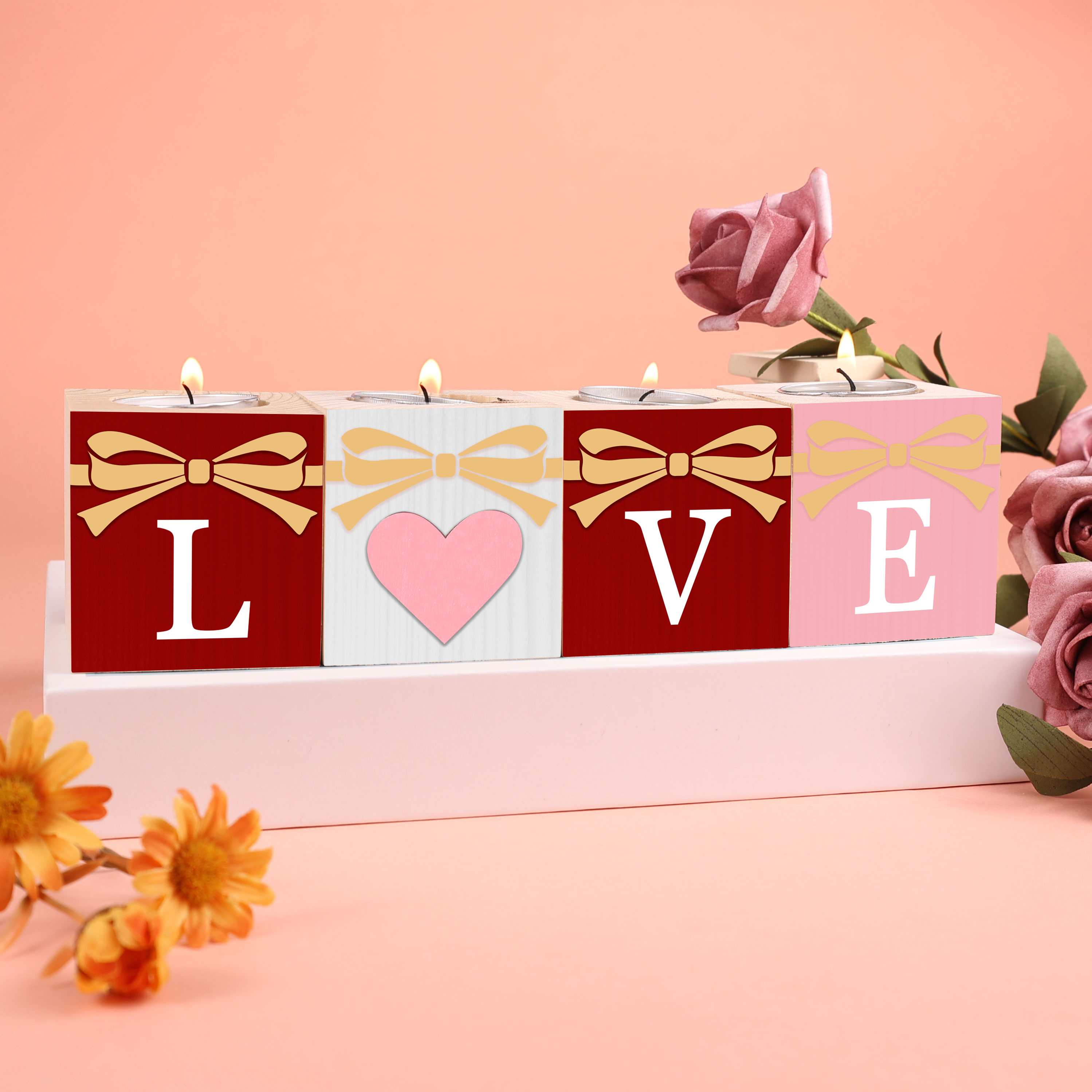 Holz Kompliment 4 bedruckte Seiten LOVE Kerzenhalter