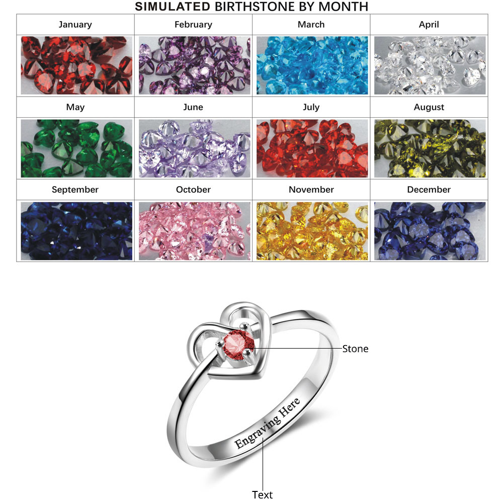 Personalisierter herzförmiger Ring mit 1 Geburtstagsstein und 1 Text