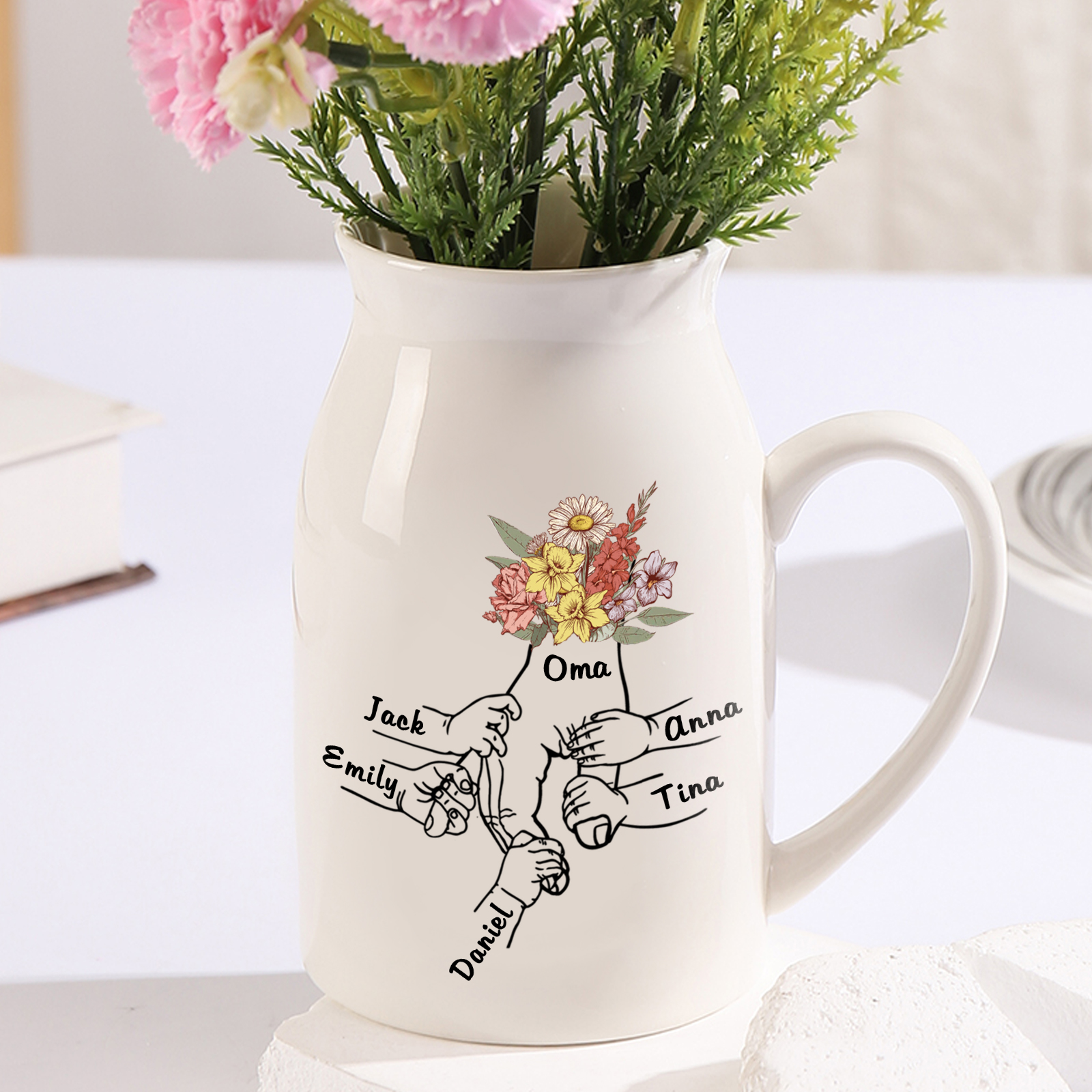 Personalisierte 5 Namen & Text Bunte Blumen Hand in Hand Familie Vase