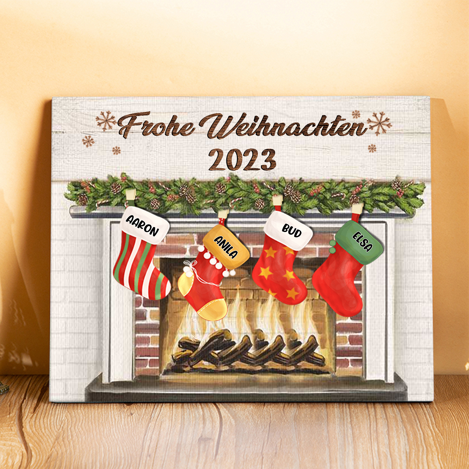 Familie Holzbild - Personalisierter Text & 4 Namen Kamin Holzdekoration-Geschenk für Opa/Oma