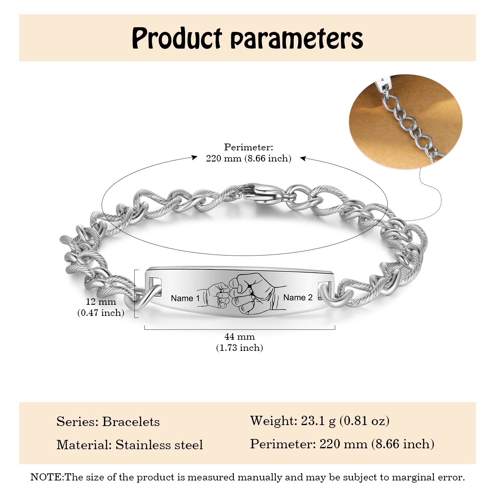 Herren Armband-Personalisiertes 2 Namen Faust Edelstahl Armband 