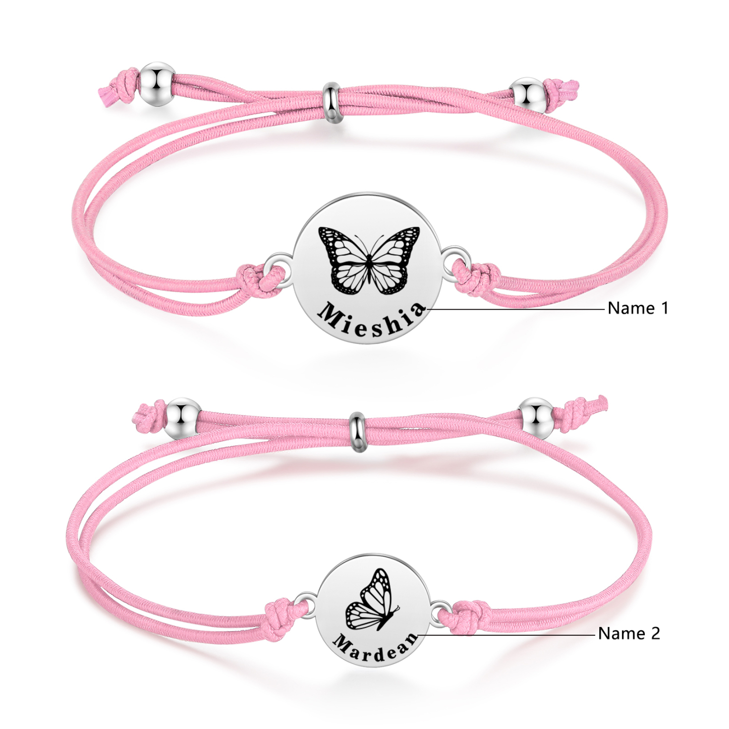 Personalisierte 2 Namen Schmetterling Armbänder Set mit 2 Ketten Gummiband - Schulanfang Geschenk