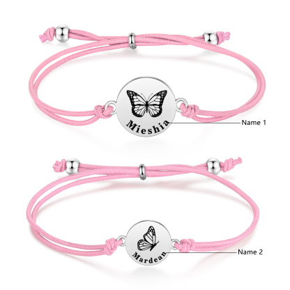 Personalisierte 2 Namen Schmetterling Armbänder Set mit 2 Ketten Gummiband - Schulanfang Geschenk