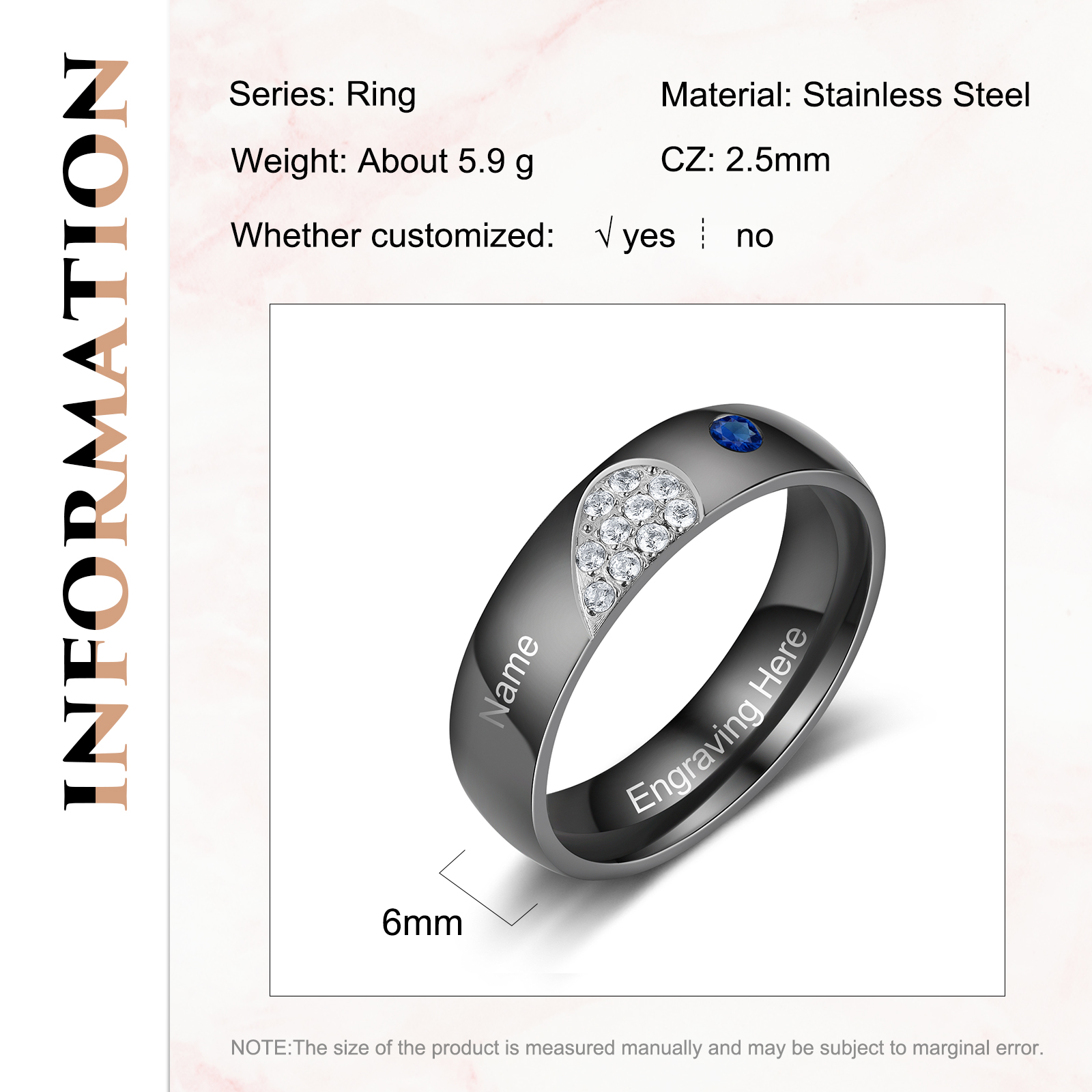 Gravur Name & Text Herz Herren Ring mit 1 Geburtsstein - Paarringe