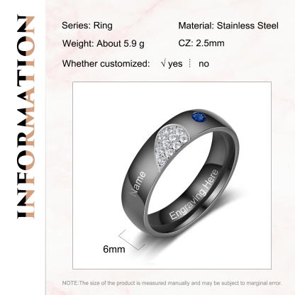 Gravur Name & Text Herz Herren Ring mit 1 Geburtsstein - Paarringe