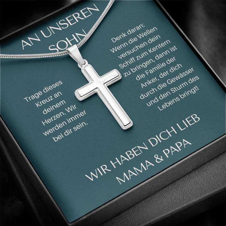 925 Sterling Silber An Unseren Sohn von Mama & Papa  Kommunion Kreuz Halskette - Geschenk mit Nachrichtenkarte