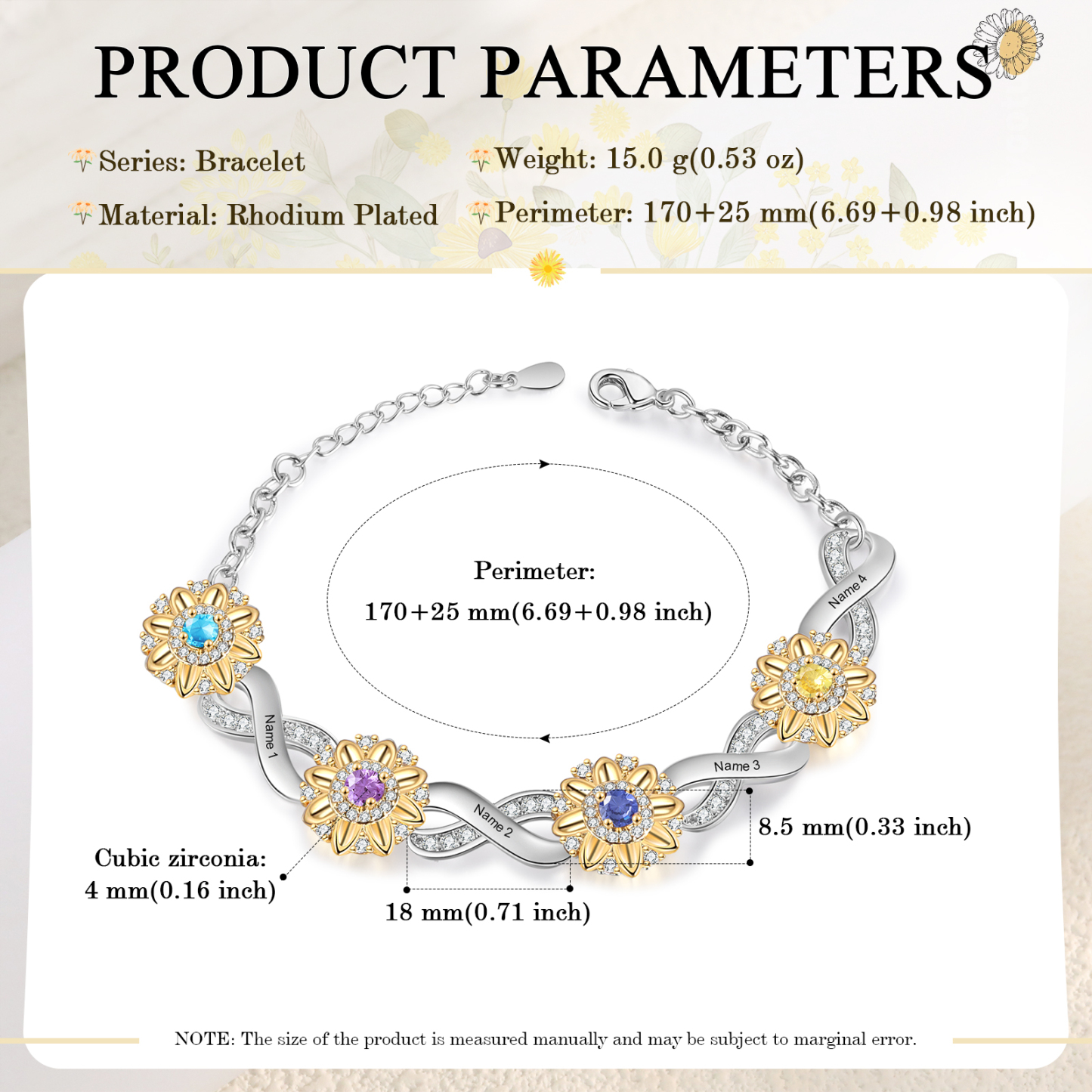 Personalisierte 4 Namen & 4 Geburtssteine Sonnenblume Infinity Armband mit Zirkonia
