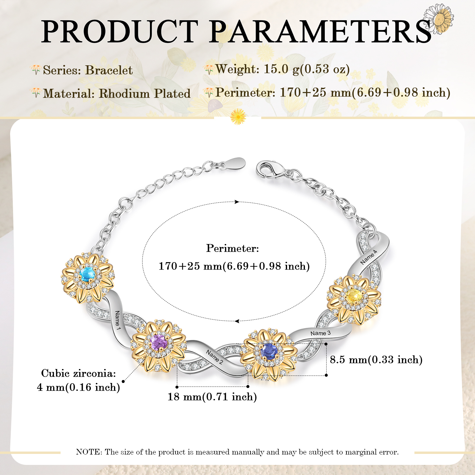 Personalisierte 4 Namen & 4 Geburtssteine Sonnenblume Infinity Armband mit Zirkonia