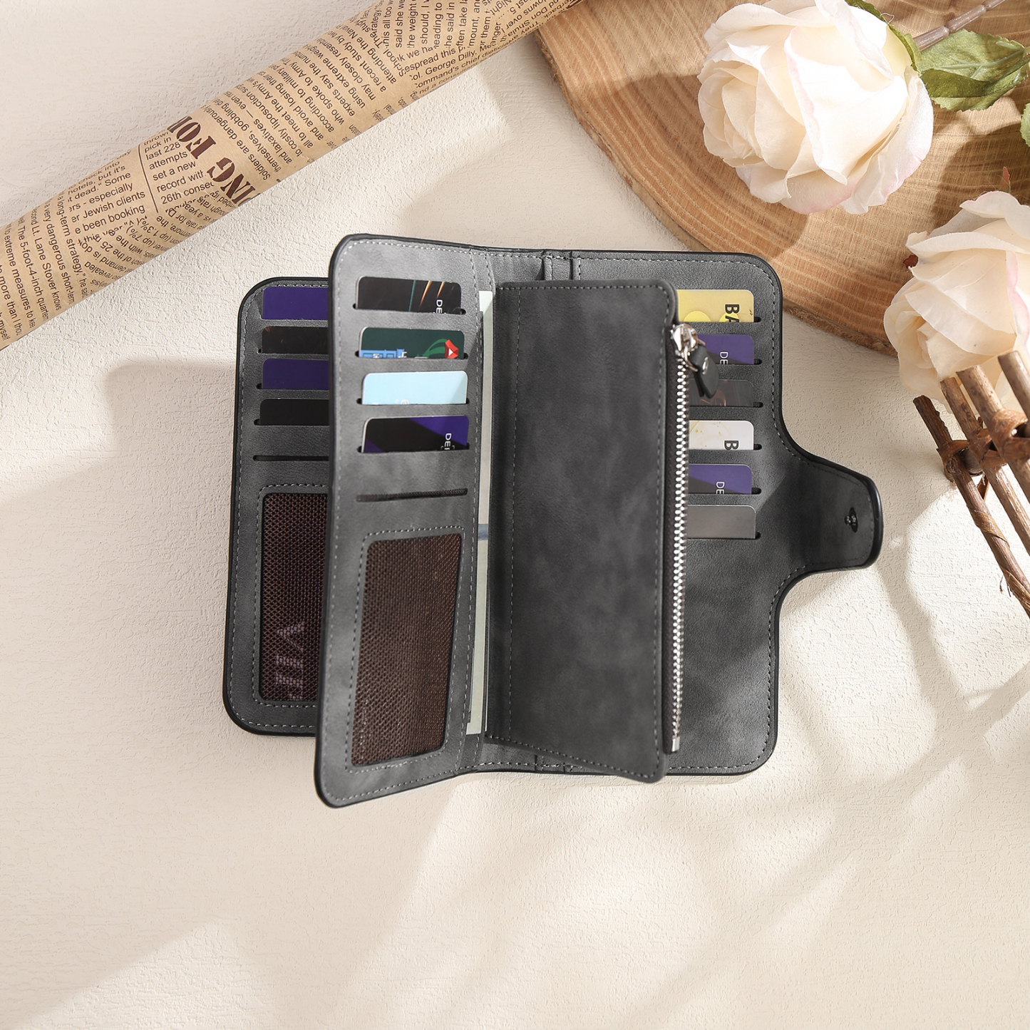 Damen Personalisierter Name & Buchstabe & Foto & Text PU Leder Geldbörse Langes Portemonnaie mit Reißverschluss