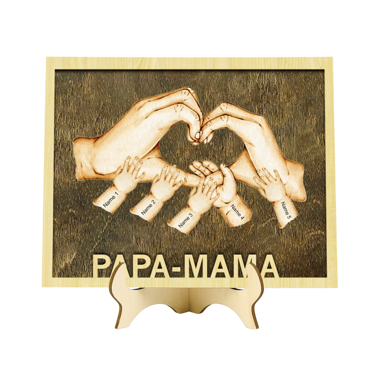 PAPA-MAMA Holz Deko-Personalisierbare 5 Namen Ornament Familie Hand in Hand Holzdekoration für Eltern