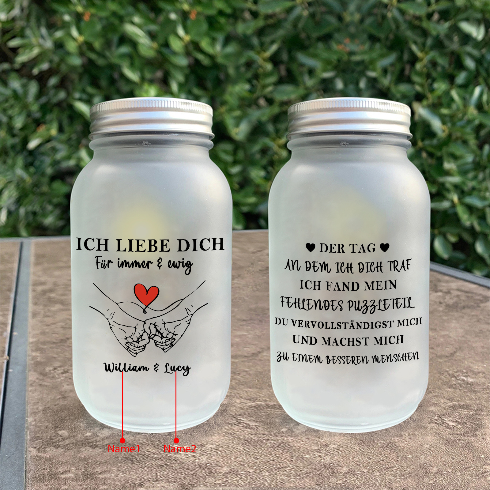 Personalisierte Solar-Glasflasche im Mason-Jar-Stil – Romantisches Geschenk für Paare