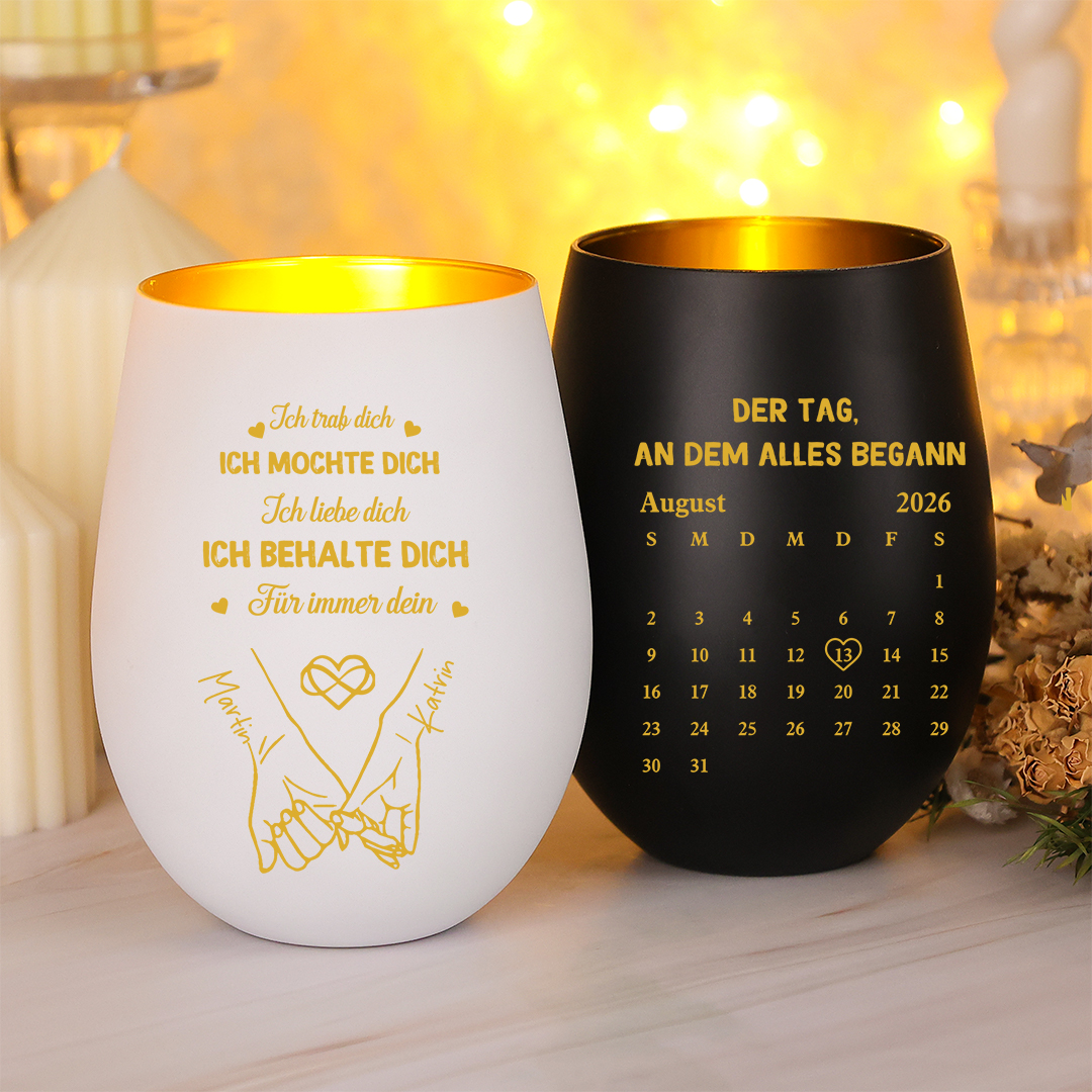 Personalisiertes Kerzenhalter aus Glas mit Pinky-Promise-Motiv zwei Wunschnamen und Kalenderdesign Geschenk für Paare