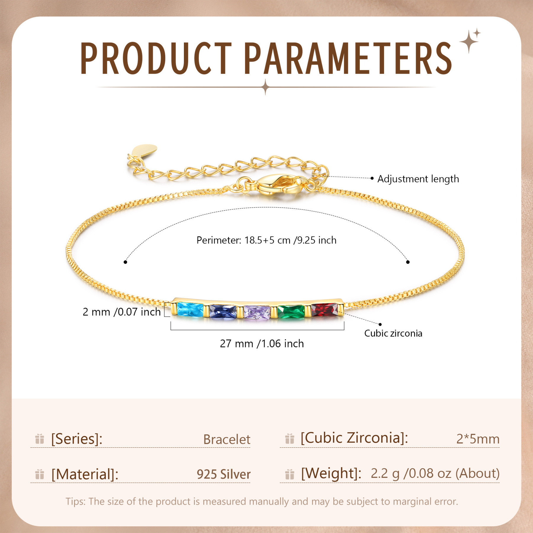 Personalisierbares Armband aus 925er Silber, altvergoldet, mit 2–6 individuellen Geburtssteinen